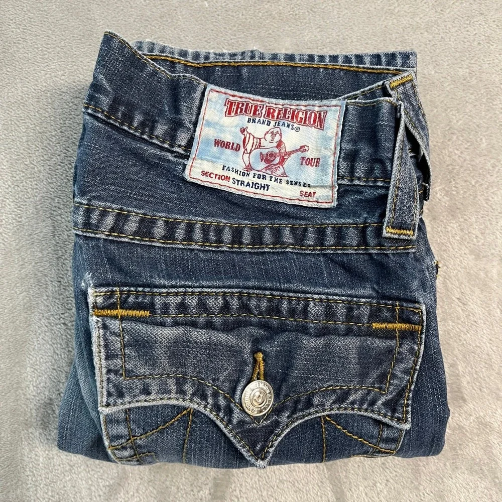 True Religion Straight Flap Pocket Blue Jeans 31x27 Faded Denim Distressed